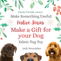Promotional graphic for a 'Festive Series' fabric tug toy with a Christmas theme. The white background is decorated with watercolor holly leaves, berries, and snowflakes, alongside images of three dogs (a brown puppy, a black and tan dog, and a golden doodle).